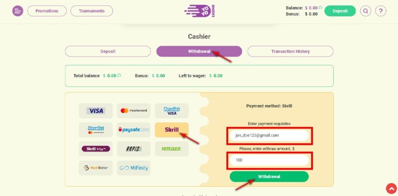 Withdrawal money from casino to Skrill